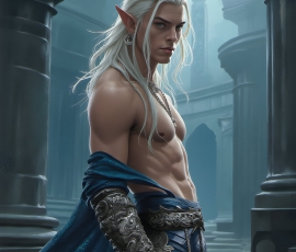 Handsome Male Elves, majestic young male elf standing in an elaborate elven background, in a dark ethereal realm. With pointed ears, wearing glamorous, luxurious, and fierce outfits is an Elven city, full of handsome, and sexy, shirtless elf men, that are adorned with shimmering, iridescent armor.