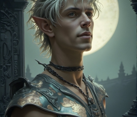 Handsome Male Elves, majestic young male elf standing in an elaborate elven background, in a dark ethereal realm. With pointed ears, wearing glamorous, luxurious, and fierce outfits is an Elven city, full of handsome, and sexy, shirtless elf men, that are adorned with shimmering, iridescent armor.