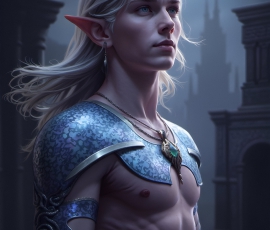 Handsome Male Elves, majestic young male elf standing in an elaborate elven background, in a dark ethereal realm. With pointed ears, wearing glamorous, luxurious, and fierce outfits is an Elven city, full of handsome, and sexy, shirtless elf men, that are adorned with shimmering, iridescent armor.