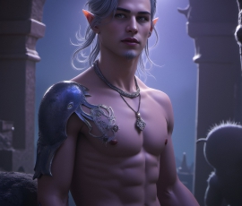 Handsome Male Elves, majestic young male elf standing in an elaborate elven background, in a dark ethereal realm. With pointed ears, wearing glamorous, luxurious, and fierce outfits is an Elven city, full of handsome, and sexy, shirtless elf men, that are adorned with shimmering, iridescent armor.