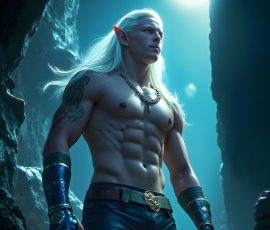 Handsome Male Elves, majestic young male elf standing in an elaborate elven background, in a dark ethereal realm. With pointed ears, wearing glamorous, luxurious, and fierce outfits is an Elven city, full of handsome, and sexy, shirtless elf men, that are adorned with shimmering, iridescent armor.