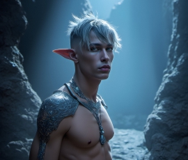 Handsome Male Elves, majestic young male elf standing in an elaborate elven background, in a dark ethereal realm. With pointed ears, wearing glamorous, luxurious, and fierce outfits is an Elven city, full of handsome, and sexy, shirtless elf men, that are adorned with shimmering, iridescent armor.