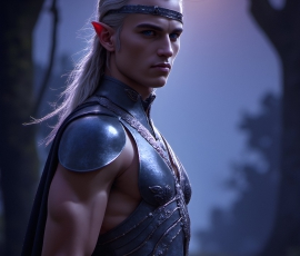 Handsome Male Elves, majestic young male elf standing in an elaborate elven background, in a dark ethereal realm. With pointed ears, wearing glamorous, luxurious, and fierce outfits is an Elven city, full of handsome, and sexy, shirtless elf men, that are adorned with shimmering, iridescent armor.