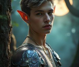 Handsome Male Elves, majestic young male elf standing in an elaborate elven background, in a dark ethereal realm. With pointed ears, wearing glamorous, luxurious, and fierce outfits is an Elven city, full of handsome, and sexy, shirtless elf men, that are adorned with shimmering, iridescent armor.