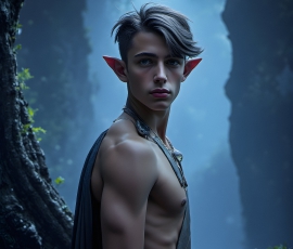 Handsome Male Elves, majestic young male elf standing in an elaborate elven background, in a dark ethereal realm. With pointed ears, wearing glamorous, luxurious, and fierce outfits is an Elven city, full of handsome, and sexy, shirtless elf men, that are adorned with shimmering, iridescent armor.