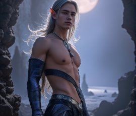 Handsome Male Elves, majestic young male elf standing in an elaborate elven background, in a dark ethereal realm. With pointed ears, wearing glamorous, luxurious, and fierce outfits is an Elven city, full of handsome, and sexy, shirtless elf men, that are adorned with shimmering, iridescent armor.
