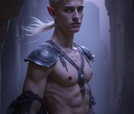 Handsome Male Elves, majestic young male elf standing in an elaborate elven background, in a dark ethereal realm. With pointed ears, wearing glamorous, luxurious, and fierce outfits is an Elven city, full of handsome, and sexy, shirtless elf men, that are adorned with shimmering, iridescent armor.