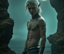 Handsome Male Elves, majestic young male elf standing in an elaborate elven background, in a dark ethereal realm. With pointed ears, wearing glamorous, luxurious, and fierce outfits is an Elven city, full of handsome, and sexy, shirtless elf men, that are adorned with shimmering, iridescent armor.