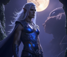 Handsome Male Elves, majestic young male elf standing in an elaborate elven background, in a dark ethereal realm. With pointed ears, wearing glamorous, luxurious, and fierce outfits is an Elven city, full of handsome, and sexy, shirtless elf men, that are adorned with shimmering, iridescent armor.