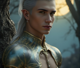Handsome Male Elves, majestic young male elf standing in an elaborate elven background, in a dark ethereal realm. With pointed ears, wearing glamorous, luxurious, and fierce outfits is an Elven city, full of handsome, and sexy, shirtless elf men, that are adorned with shimmering, iridescent armor.