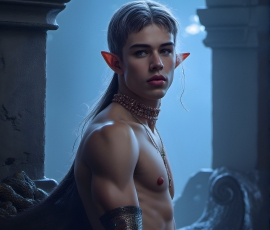 Handsome Male Elves, majestic young male elf standing in an elaborate elven background, in a dark ethereal realm. With pointed ears, wearing glamorous, luxurious, and fierce outfits is an Elven city, full of handsome, and sexy, shirtless elf men, that are adorned with shimmering, iridescent armor.