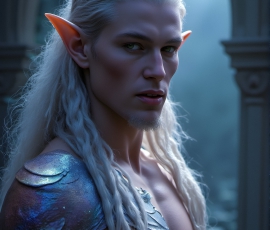 Handsome Male Elves, majestic young male elf standing in an elaborate elven background, in a dark ethereal realm. With pointed ears, wearing glamorous, luxurious, and fierce outfits is an Elven city, full of handsome, and sexy, shirtless elf men, that are adorned with shimmering, iridescent armor.