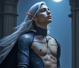 Handsome Male Elves, majestic young male elf standing in an elaborate elven background, in a dark ethereal realm. With pointed ears, wearing glamorous, luxurious, and fierce outfits is an Elven city, full of handsome, and sexy, shirtless elf men, that are adorned with shimmering, iridescent armor.