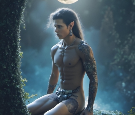 Handsome Male Elves, majestic young male elf standing in an elaborate elven background, in a dark ethereal realm. With pointed ears, wearing glamorous, luxurious, and fierce outfits is an Elven city, full of handsome, and sexy, shirtless elf men, that are adorned with shimmering, iridescent armor.