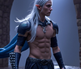 Handsome Male Elves, majestic young male elf standing in an elaborate elven background, in a dark ethereal realm. With pointed ears, wearing glamorous, luxurious, and fierce outfits is an Elven city, full of handsome, and sexy, shirtless elf men, that are adorned with shimmering, iridescent armor.