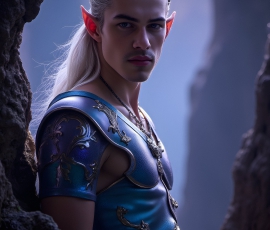 Handsome Male Elves, majestic young male elf standing in an elaborate elven background, in a dark ethereal realm. With pointed ears, wearing glamorous, luxurious, and fierce outfits is an Elven city, full of handsome, and sexy, shirtless elf men, that are adorned with shimmering, iridescent armor.