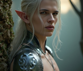 Handsome Male Elves, majestic young male elf standing in an elaborate elven background, in a dark ethereal realm. With pointed ears, wearing glamorous, luxurious, and fierce outfits is an Elven city, full of handsome, and sexy, shirtless elf men, that are adorned with shimmering, iridescent armor.
