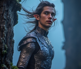 Handsome Male Elves, majestic young male elf standing in an elaborate elven background, in a dark ethereal realm. With pointed ears, wearing glamorous, luxurious, and fierce outfits is an Elven city, full of handsome, and sexy, shirtless elf men, that are adorned with shimmering, iridescent armor.