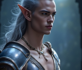 Handsome Male Elves, majestic young male elf standing in an elaborate elven background, in a dark ethereal realm. With pointed ears, wearing glamorous, luxurious, and fierce outfits is an Elven city, full of handsome, and sexy, shirtless elf men, that are adorned with shimmering, iridescent armor.