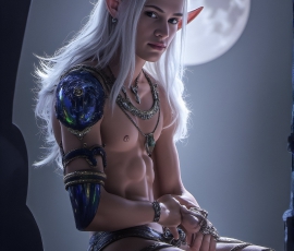 Handsome Male Elves, majestic young male elf standing in an elaborate elven background, in a dark ethereal realm. With pointed ears, wearing glamorous, luxurious, and fierce outfits is an Elven city, full of handsome, and sexy, shirtless elf men, that are adorned with shimmering, iridescent armor.