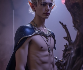 Handsome Male Elves, majestic young male elf standing in an elaborate elven background, in a dark ethereal realm. With pointed ears, wearing glamorous, luxurious, and fierce outfits is an Elven city, full of handsome, and sexy, shirtless elf men, that are adorned with shimmering, iridescent armor.
