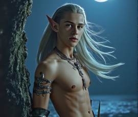 Handsome Male Elves, majestic young male elf standing in an elaborate elven background, in a dark ethereal realm. With pointed ears, wearing glamorous, luxurious, and fierce outfits is an Elven city, full of handsome, and sexy, shirtless elf men, that are adorned with shimmering, iridescent armor.