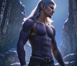 Handsome Male Elves, majestic young male elf standing in an elaborate elven background, in a dark ethereal realm. With pointed ears, wearing glamorous, luxurious, and fierce outfits is an Elven city, full of handsome, and sexy, shirtless elf men, that are adorned with shimmering, iridescent armor.