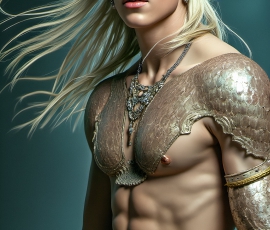 Handsome Male Elves, majestic young male elf standing in an elaborate elven background, in a dark ethereal realm. With pointed ears, wearing glamorous, luxurious, and fierce outfits is an Elven city, full of handsome, and sexy, shirtless elf men, that are adorned with shimmering, iridescent armor.
