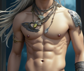 Handsome Male Elves, majestic young male elf standing in an elaborate elven background, in a dark ethereal realm. With pointed ears, wearing glamorous, luxurious, and fierce outfits is an Elven city, full of handsome, and sexy, shirtless elf men, that are adorned with shimmering, iridescent armor.