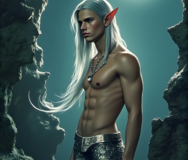 Handsome Male Elves, majestic young male elf standing in an elaborate elven background, in a dark ethereal realm. With pointed ears, wearing glamorous, luxurious, and fierce outfits is an Elven city, full of handsome, and sexy, shirtless elf men, that are adorned with shimmering, iridescent armor.