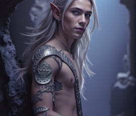 Handsome Male Elves, majestic young male elf standing in an elaborate elven background, in a dark ethereal realm. With pointed ears, wearing glamorous, luxurious, and fierce outfits is an Elven city, full of handsome, and sexy, shirtless elf men, that are adorned with shimmering, iridescent armor.