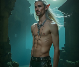 Handsome Male Elves, majestic young male elf standing in an elaborate elven background, in a dark ethereal realm. With pointed ears, wearing glamorous, luxurious, and fierce outfits is an Elven city, full of handsome, and sexy, shirtless elf men, that are adorned with shimmering, iridescent armor.