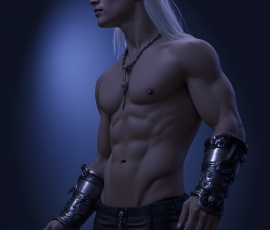 Handsome Male Elves, majestic young male elf standing in an elaborate elven background, in a dark ethereal realm. With pointed ears, wearing glamorous, luxurious, and fierce outfits is an Elven city, full of handsome, and sexy, shirtless elf men, that are adorned with shimmering, iridescent armor.