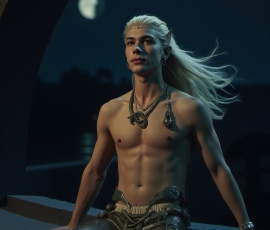 Handsome Male Elves, majestic young male elf standing in an elaborate elven background, in a dark ethereal realm. With pointed ears, wearing glamorous, luxurious, and fierce outfits is an Elven city, full of handsome, and sexy, shirtless elf men, that are adorned with shimmering, iridescent armor.