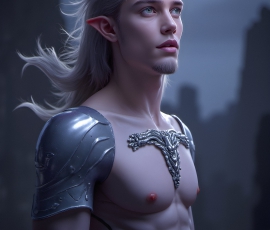 Handsome Male Elves, majestic young male elf standing in an elaborate elven background, in a dark ethereal realm. With pointed ears, wearing glamorous, luxurious, and fierce outfits is an Elven city, full of handsome, and sexy, shirtless elf men, that are adorned with shimmering, iridescent armor.