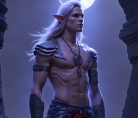 Handsome Male Elves, majestic young male elf standing in an elaborate elven background, in a dark ethereal realm. With pointed ears, wearing glamorous, luxurious, and fierce outfits is an Elven city, full of handsome, and sexy, shirtless elf men, that are adorned with shimmering, iridescent armor.