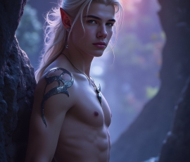 Handsome Male Elves, majestic young male elf standing in an elaborate elven background, in a dark ethereal realm. With pointed ears, wearing glamorous, luxurious, and fierce outfits is an Elven city, full of handsome, and sexy, shirtless elf men, that are adorned with shimmering, iridescent armor.