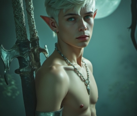 Handsome Male Elves, majestic young male elf standing in an elaborate elven background, in a dark ethereal realm. With pointed ears, wearing glamorous, luxurious, and fierce outfits is an Elven city, full of handsome, and sexy, shirtless elf men, that are adorned with shimmering, iridescent armor.