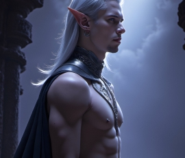 Handsome Male Elves, majestic young male elf standing in an elaborate elven background, in a dark ethereal realm. With pointed ears, wearing glamorous, luxurious, and fierce outfits is an Elven city, full of handsome, and sexy, shirtless elf men, that are adorned with shimmering, iridescent armor.