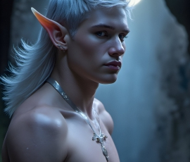 Handsome Male Elves, majestic young male elf standing in an elaborate elven background, in a dark ethereal realm. With pointed ears, wearing glamorous, luxurious, and fierce outfits is an Elven city, full of handsome, and sexy, shirtless elf men, that are adorned with shimmering, iridescent armor.