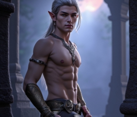 Handsome Male Elves, majestic young male elf standing in an elaborate elven background, in a dark ethereal realm. With pointed ears, wearing glamorous, luxurious, and fierce outfits is an Elven city, full of handsome, and sexy, shirtless elf men, that are adorned with shimmering, iridescent armor.