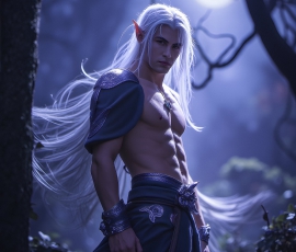 Handsome Male Elves, majestic young male elf standing in an elaborate elven background, in a dark ethereal realm. With pointed ears, wearing glamorous, luxurious, and fierce outfits is an Elven city, full of handsome, and sexy, shirtless elf men, that are adorned with shimmering, iridescent armor.