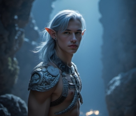 Handsome Male Elves, majestic young male elf standing in an elaborate elven background, in a dark ethereal realm. With pointed ears, wearing glamorous, luxurious, and fierce outfits is an Elven city, full of handsome, and sexy, shirtless elf men, that are adorned with shimmering, iridescent armor.
