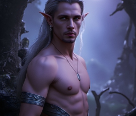 Handsome Male Elves, majestic young male elf standing in an elaborate elven background, in a dark ethereal realm. With pointed ears, wearing glamorous, luxurious, and fierce outfits is an Elven city, full of handsome, and sexy, shirtless elf men, that are adorned with shimmering, iridescent armor.