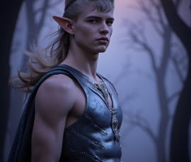 Handsome Male Elves, majestic young male elf standing in an elaborate elven background, in a dark ethereal realm. With pointed ears, wearing glamorous, luxurious, and fierce outfits is an Elven city, full of handsome, and sexy, shirtless elf men, that are adorned with shimmering, iridescent armor.