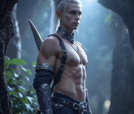 Handsome Male Elves, majestic young male elf standing in an elaborate elven background, in a dark ethereal realm. With pointed ears, wearing glamorous, luxurious, and fierce outfits is an Elven city, full of handsome, and sexy, shirtless elf men, that are adorned with shimmering, iridescent armor.