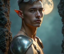 Handsome Male Elves, majestic young male elf standing in an elaborate elven background, in a dark ethereal realm. With pointed ears, wearing glamorous, luxurious, and fierce outfits is an Elven city, full of handsome, and sexy, shirtless elf men, that are adorned with shimmering, iridescent armor.