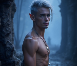 Handsome Male Elves, majestic young male elf standing in an elaborate elven background, in a dark ethereal realm. With pointed ears, wearing glamorous, luxurious, and fierce outfits is an Elven city, full of handsome, and sexy, shirtless elf men, that are adorned with shimmering, iridescent armor.