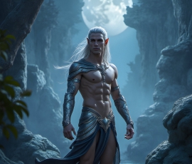 Handsome Male Elves, majestic young male elf standing in an elaborate elven background, in a dark ethereal realm. With pointed ears, wearing glamorous, luxurious, and fierce outfits is an Elven city, full of handsome, and sexy, shirtless elf men, that are adorned with shimmering, iridescent armor.