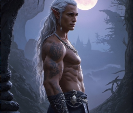 Handsome Male Elves, majestic young male elf standing in an elaborate elven background, in a dark ethereal realm. With pointed ears, wearing glamorous, luxurious, and fierce outfits is an Elven city, full of handsome, and sexy, shirtless elf men, that are adorned with shimmering, iridescent armor.